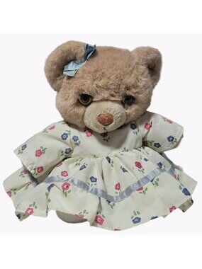 Vintage 80s Applause Mama Bear 12 inch Plush Plastic Open Shut Eyes Dress Bow